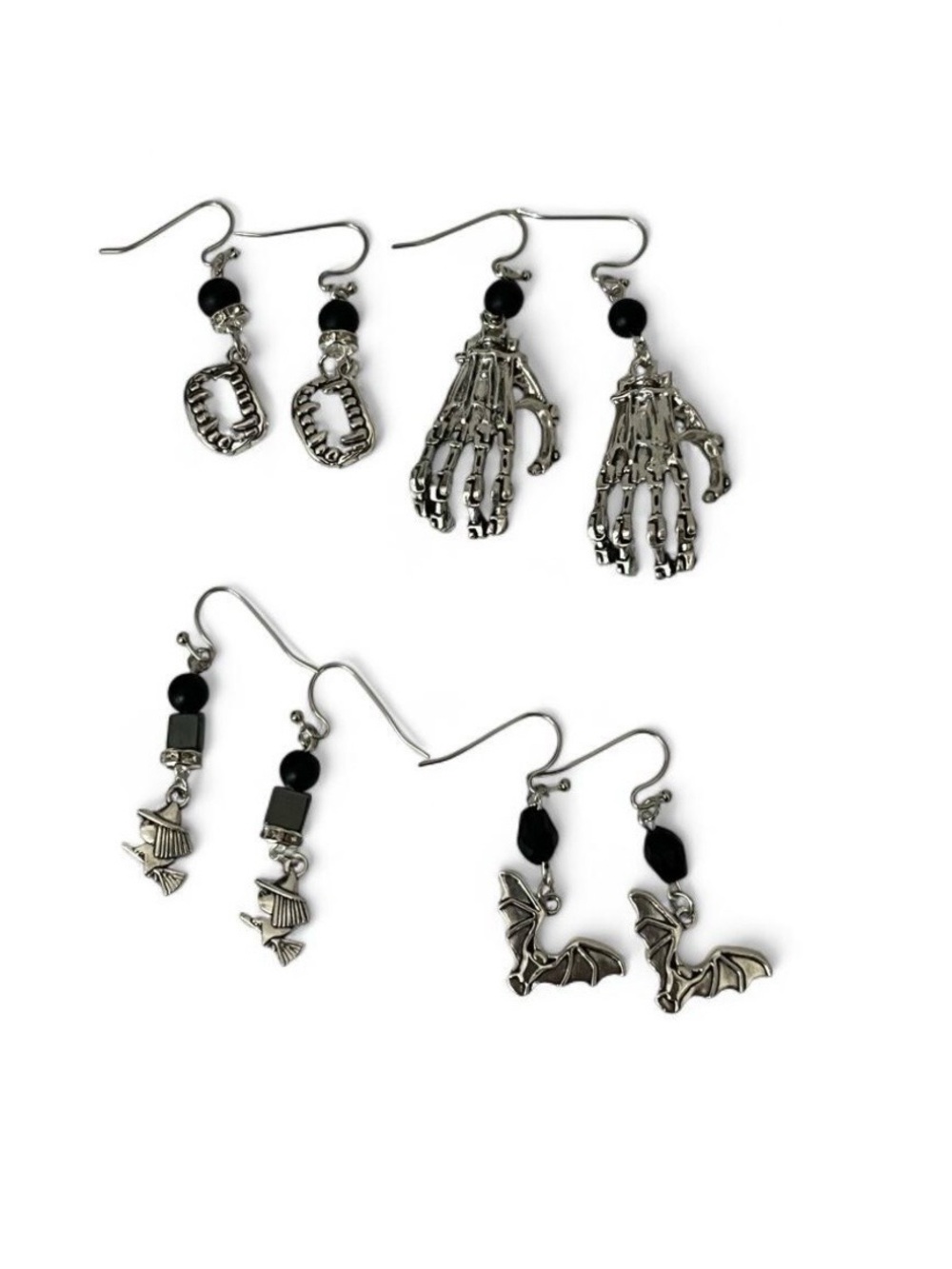 Halloween Earring Lot 4 Pairs Bat Witch Skeleton And Fangs. Spooky Goth Jewelry